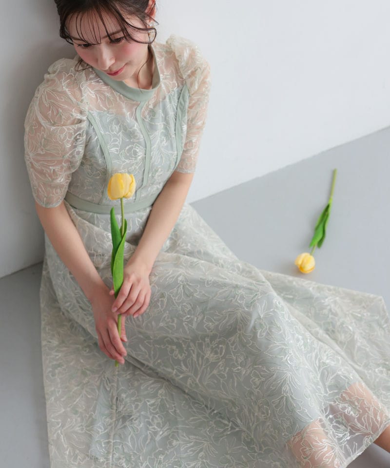 Select Shop 配色パイピングフラワー刺繍チュールドレス グリーン系