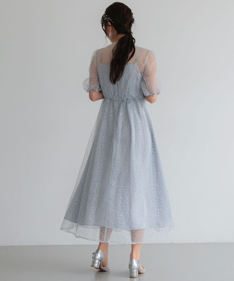 Select Shop スパンコール刺繍チュールパフスリーブドレス ブルー系