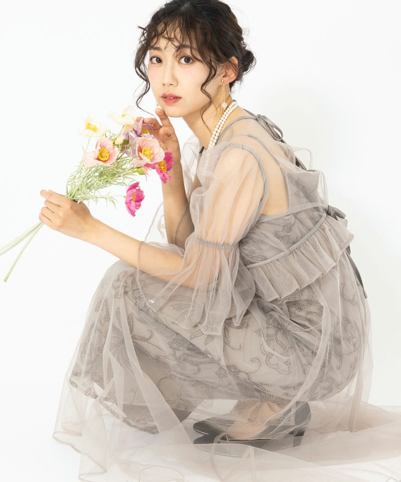Leja レジャ フラワースパンコールチュールシアーキャミドレス グレー