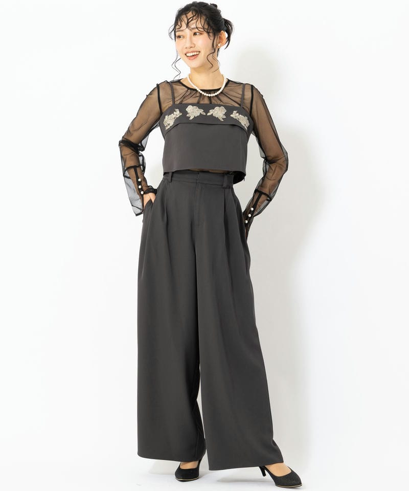 etoll. エトル 3piece刺繍リボンビスチェ&タックワイドパンツ グレー系